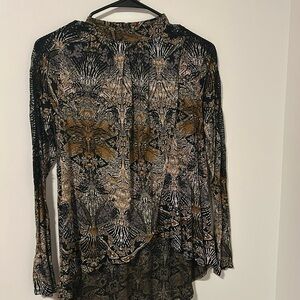 Free People Linen Blend Geometric Lace Open Back Boho Long Sleeve Blouse Size XS